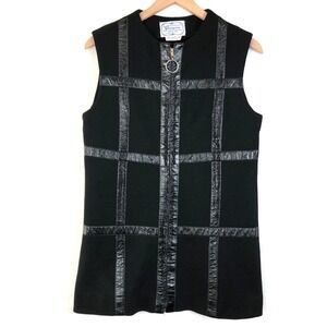 VTG SHAYNE Wool Knit Vest Women's Sz 12 Black Faux Leather Trim Full Zip Front